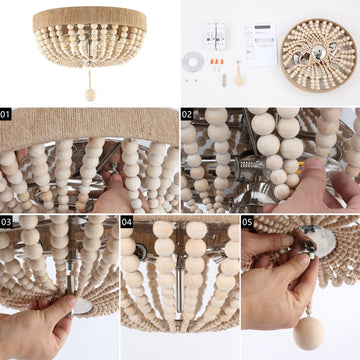 Justina Wood Bead 14" Farmhouse Bohemian Iron LED Flush Mount - JONATHAN Y